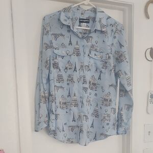 Karl Lagerfeld Light Blue Paris Print Button Down Shirt
